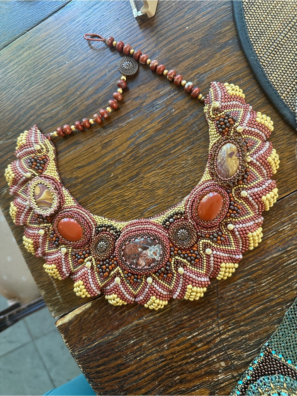 Beaded Statement Necklace in Red, Gold & Cream - Artisan Style